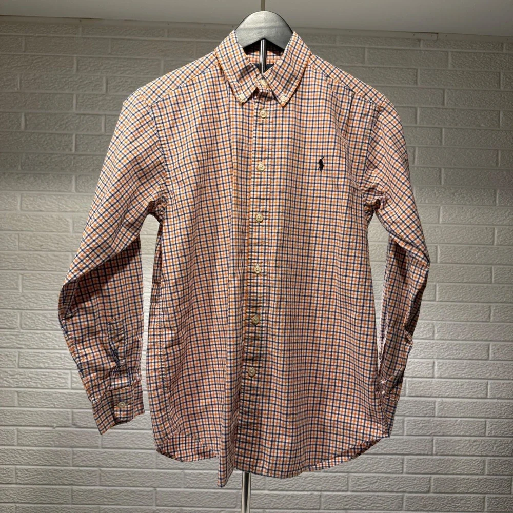 Kids Ralph Lauren Orange‎ Blue Plaid Long Sleeve Button Down Shirt Size L 14-16